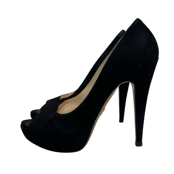 Prada‎ Camoscio Chic Peep Toe Black Suede Platform Heels - 7.5 US / 38 - Picture 1 of 10